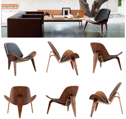 Shell Lounge Chair Tripod Wood with Black PU Leather Chairs-2