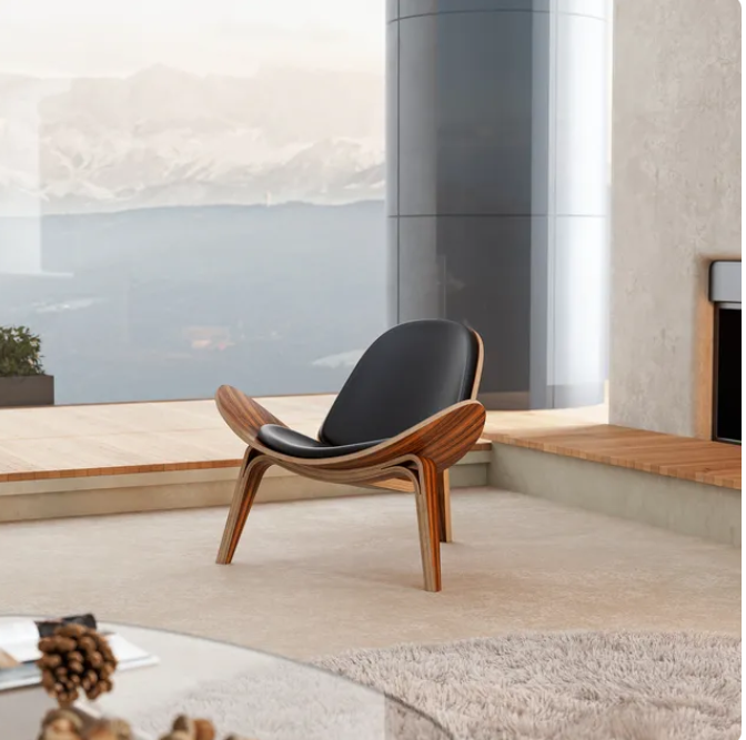Shell Lounge Chair Tripod Wood with Black PU Leather Chairs-6