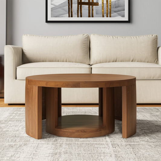Set of Two Walnut Solid Wood Round Distressed Solid Nested Coffee Tables-0