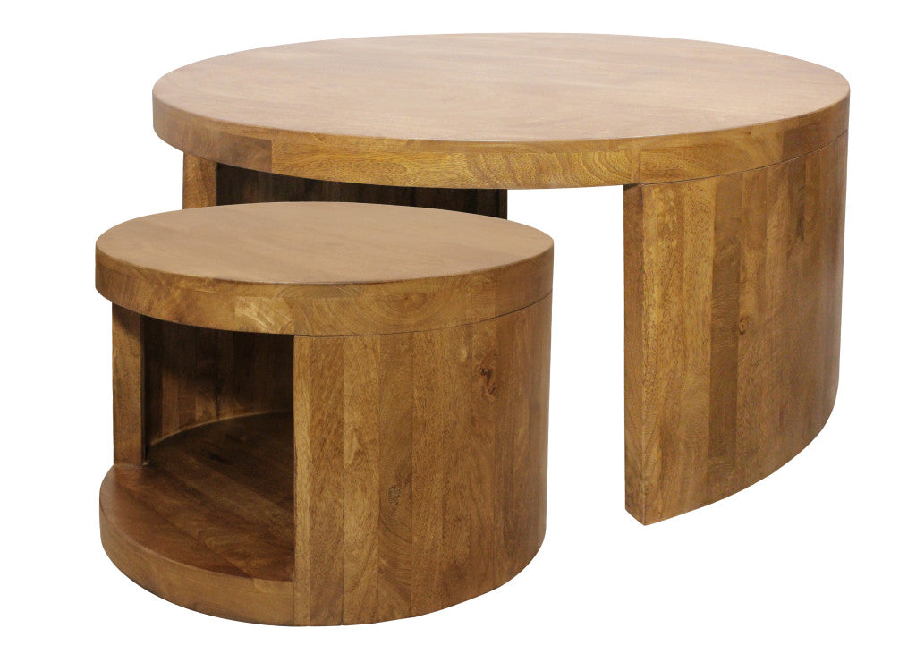Set of Two Walnut Solid Wood Round Distressed Solid Nested Coffee Tables-7