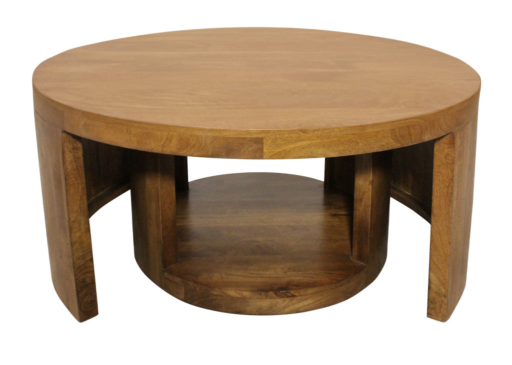Set of Two Walnut Solid Wood Round Distressed Solid Nested Coffee Tables-1
