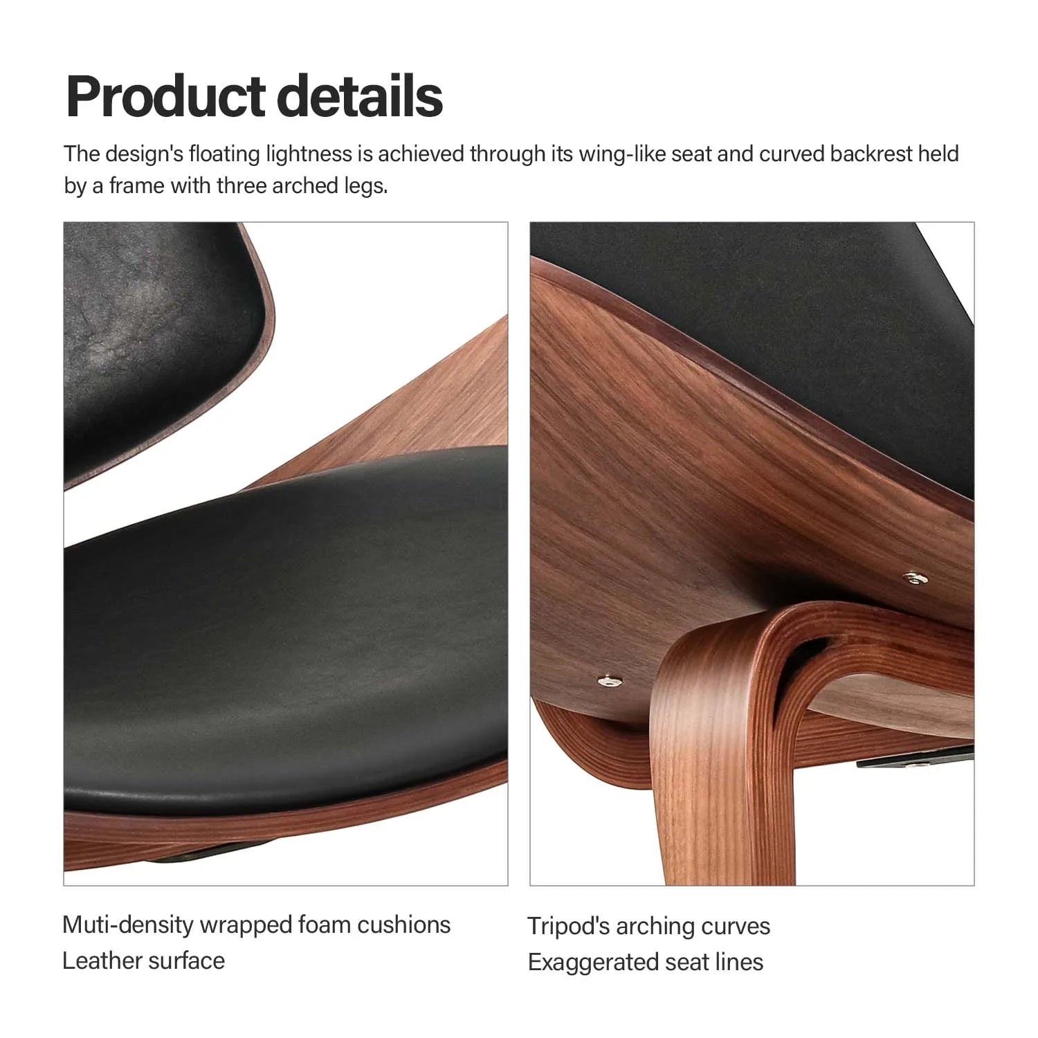 Shell Lounge Chair Tripod Wood with Black PU Leather Chairs-3