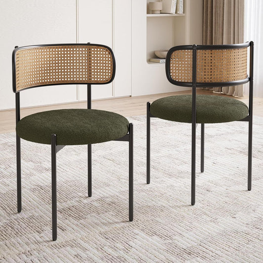 Kitchen Chairs Set of 2, Mid-Century Modern Dining Chairs,Kitchen Dining Room Chairs, Rattan Backrest round Upholstered Sherpa Dining Chairs(Green)-0
